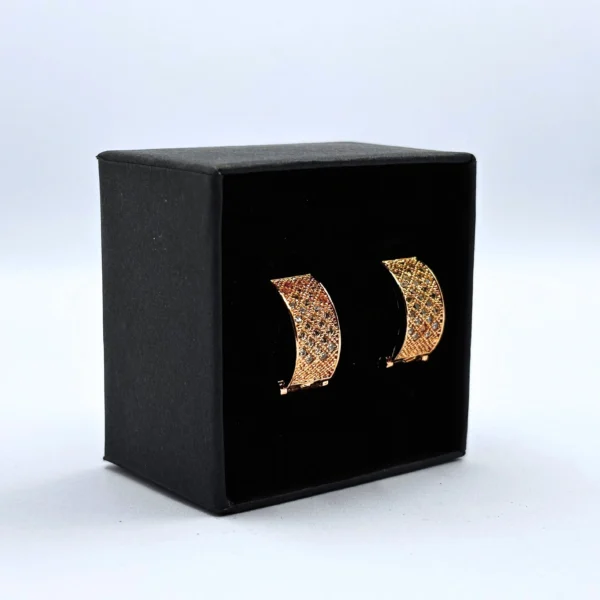 Golden stone-studded hoop earrings for women on white background