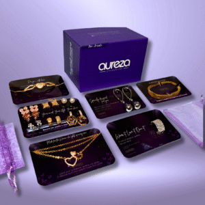 Aureza 11-piece premium gold plated jewellery combo gift set for women, featuring AD necklace, 5 pairs of earrings, 2 bracelets, and ring on a white background